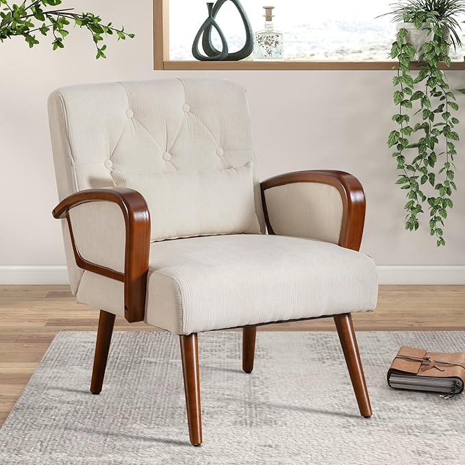 Bonzy Home Linen Fabric Accent Chair Comfy Mid Century Modern Armchair for Living Room Bedroom, B... | Amazon (US)