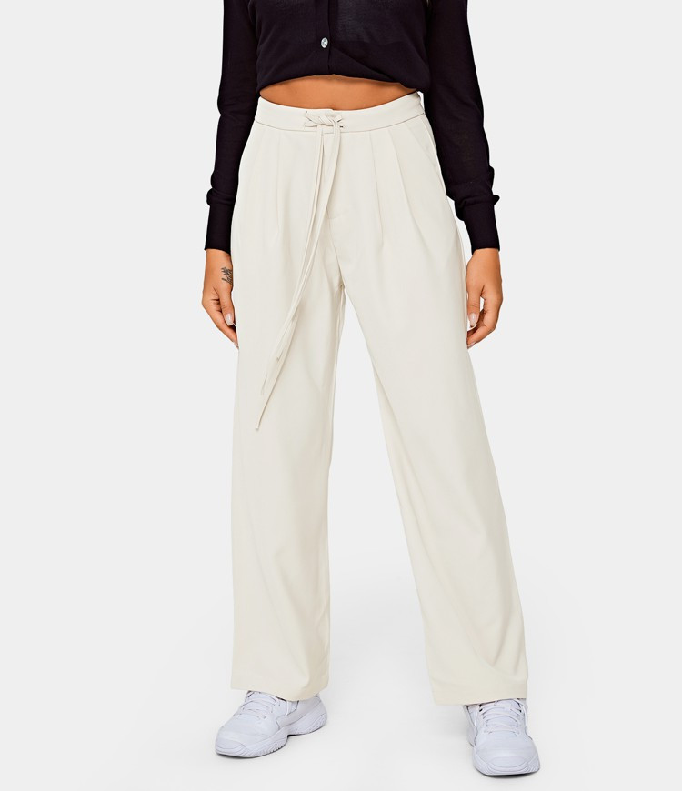 Women's High Waisted Drawstring Zipper Side Pocket Plain Wide Leg Pants - HALARA | HALARA | HALARA