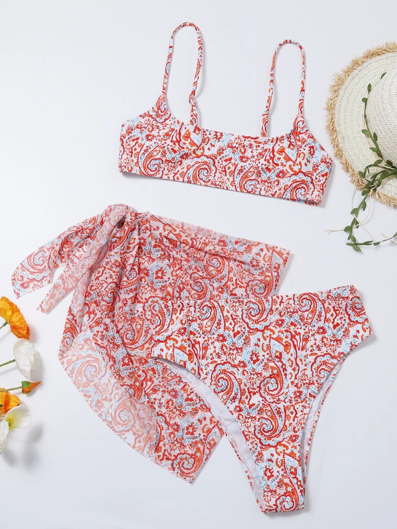 3pack Paisley Print Bikini Swimsuit & Cover Up | SHEIN