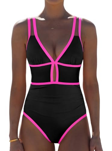 popvil Women One Piece Swimsuit 2026 Tummy Control Sexy Cutout Neon Color Block Bathing Suit Slim... | Amazon (US)
