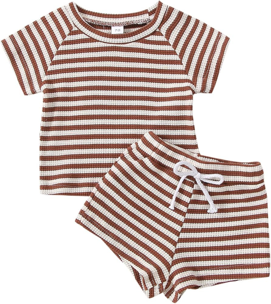 Baby Boys Girls 2Pcs Summer Outfits Short Sleeve Striped T-Shirt Tops Drawstring Bottom Shorts Pa... | Amazon (US)