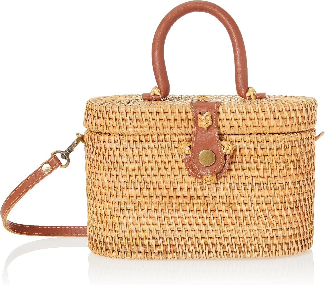 Rattan & Leather Tote Handbag, Top Handle Purse, Shoulder Bag, Natural Chic | Amazon (US)