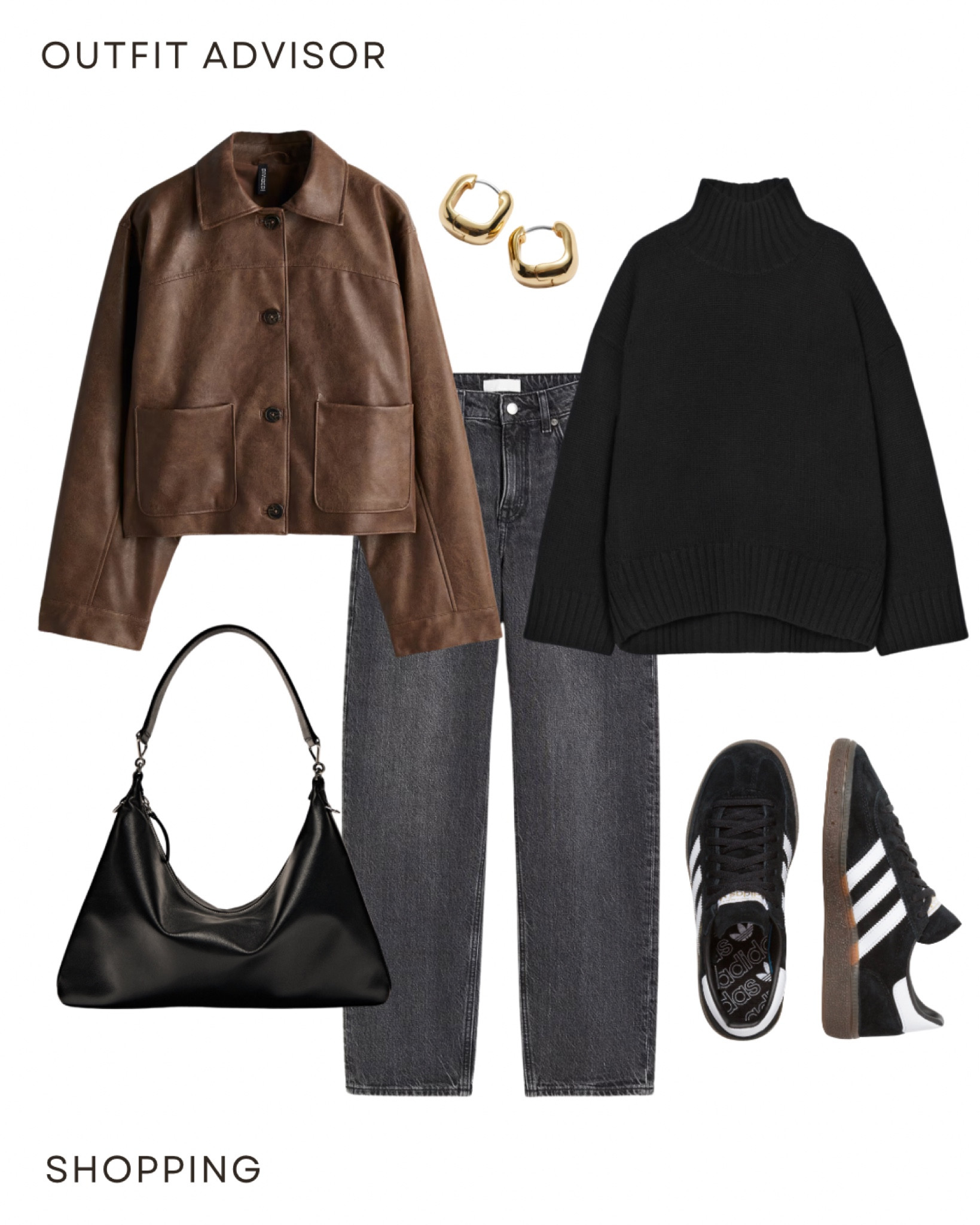Casual autumn outfit idea: a brown leather jacket, black turtleneck jumper, adidas spezial sneakers, gold earrings, grey jeans and a black massimo dutti bag

#FashionMonth #LTKautumn #LTKstyletip