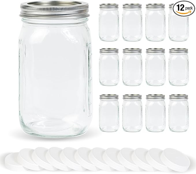 12 Pack 32 oz Clear Wide Mouth Mason Jars with Airtight Lids and White Plastic Mason Jar Lids, Ca... | Amazon (US)