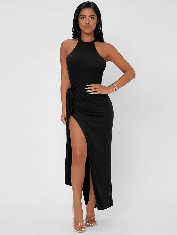 SHEIN PETITE Solid Halter Neck Drawstring Split Thigh Belted Dress | SHEIN