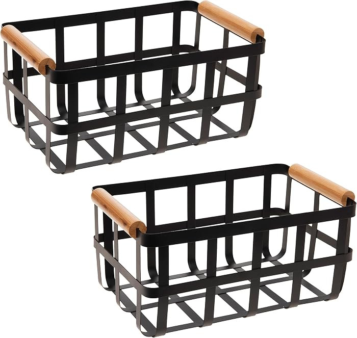 Simplify 2 Pack Rectangular Metal Storage Basket with Bamboo Handles | Large | Farmhouse Style Wi... | Amazon (US)