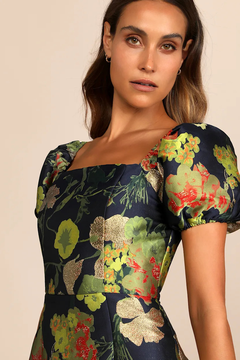 So Stunning Navy Blue Floral Jacquard Puff Sleeve Mini Dress | Lulus