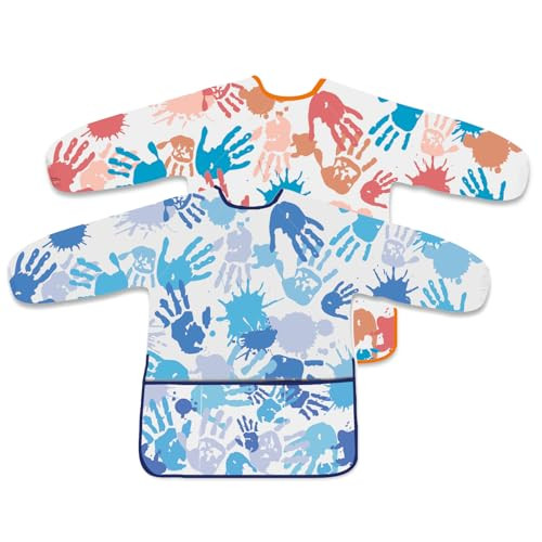 BOUBONI 2 Pcs Kids Art Smock Painting Toddler Smock Long Sleeve with 3 Pockets for Kids Art Painting Activity Kitchen Crafts (Blue, Pink) | Amazon (US)