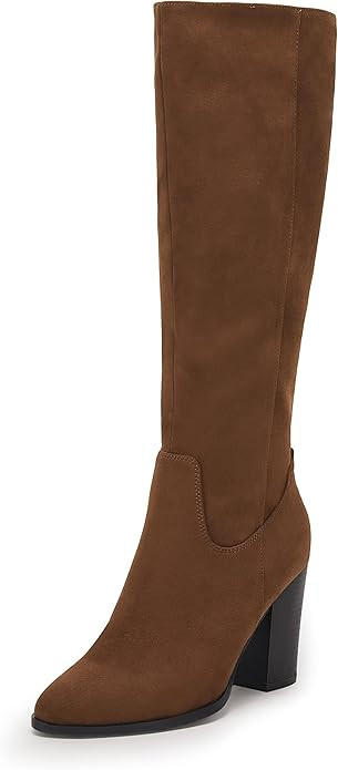 Coutgo Womens Faux Suede Knee High Boots Side Zipper Chunky Heel Stretch Winter Boots | Amazon (US)