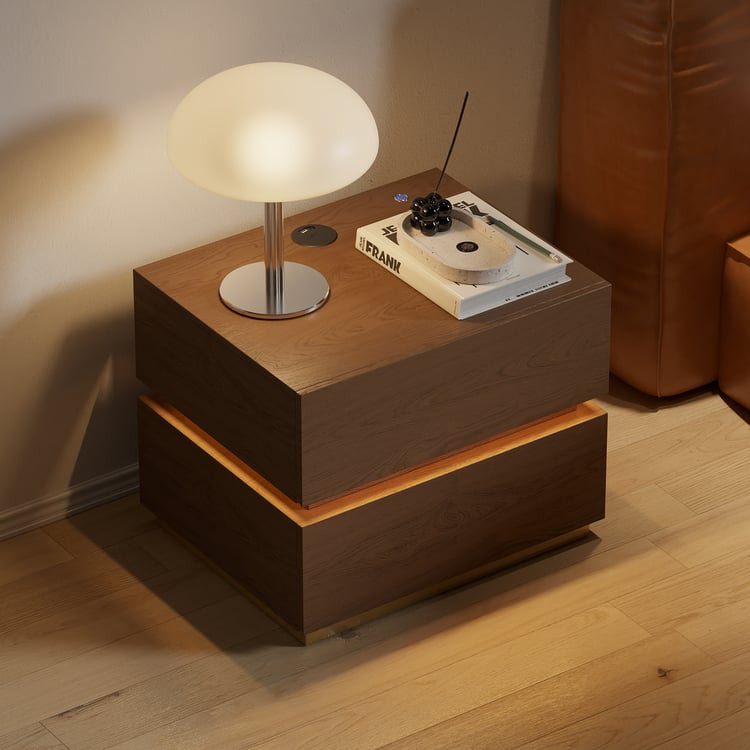 Smart LED Walnut Nightstand Wireless Charging Station Wood Bedside Table with Light | Homary | Homary