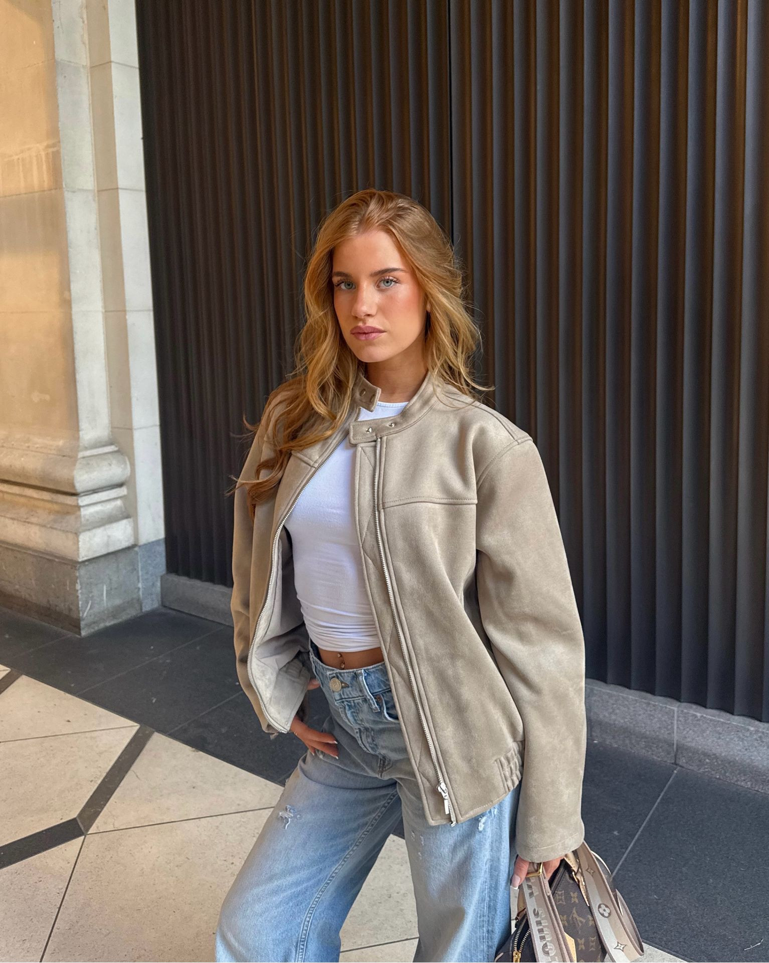Whitefox suede bomber jacket, Zara light wash distressed straight leg jeans, Adidas Campus trainers, spring outfit, spring style, city break, casual outfitt

#LTKsummer #LTKuk #LTKspring
