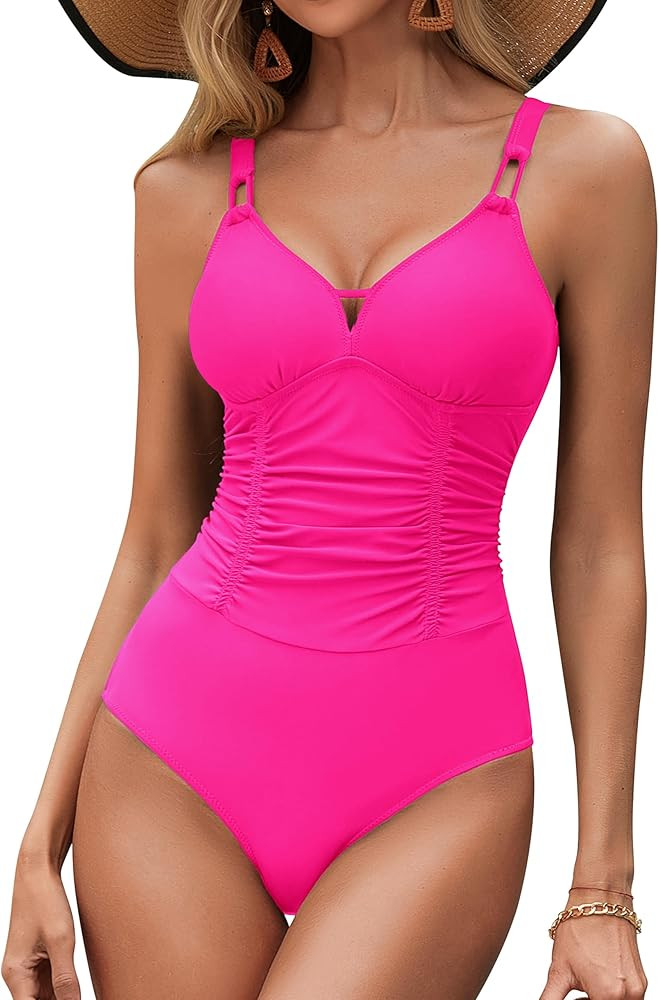 BMJL Women's Tummy Control Swimsuit Modest V Neck One Piece Bathing Suit Ruched Adjustable Straps... | Amazon (US)