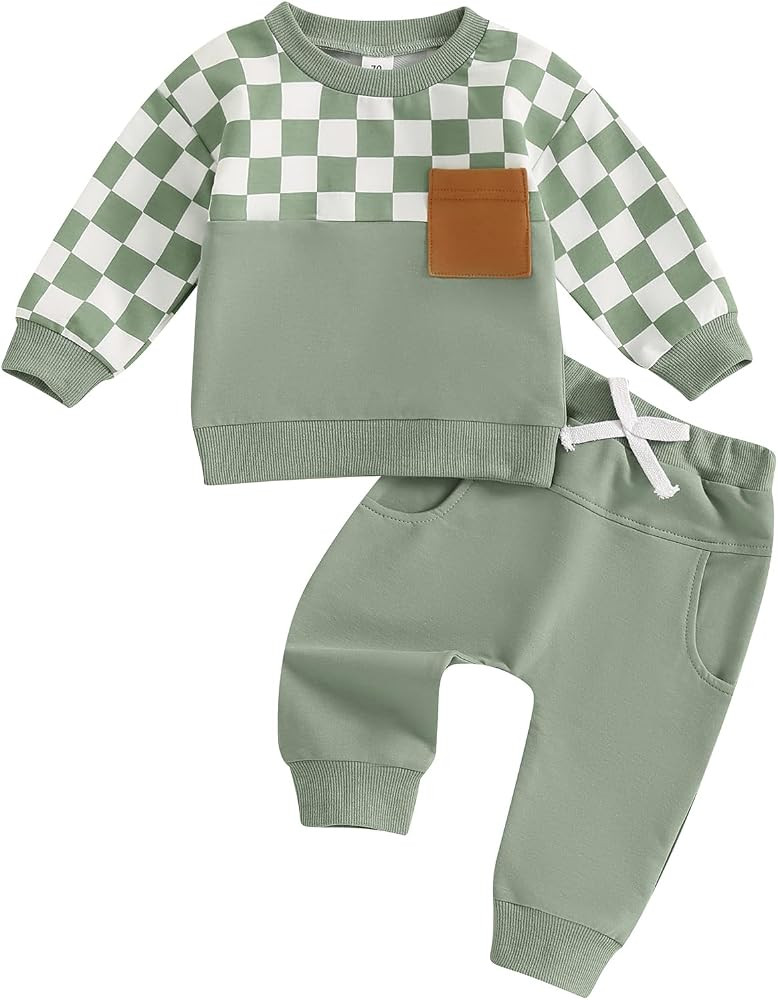 MoZiKQin Toddler Baby Boy Girl Clothes Checkered Color Block Long Sleeve Sweatshirt with Pants Se... | Amazon (US)