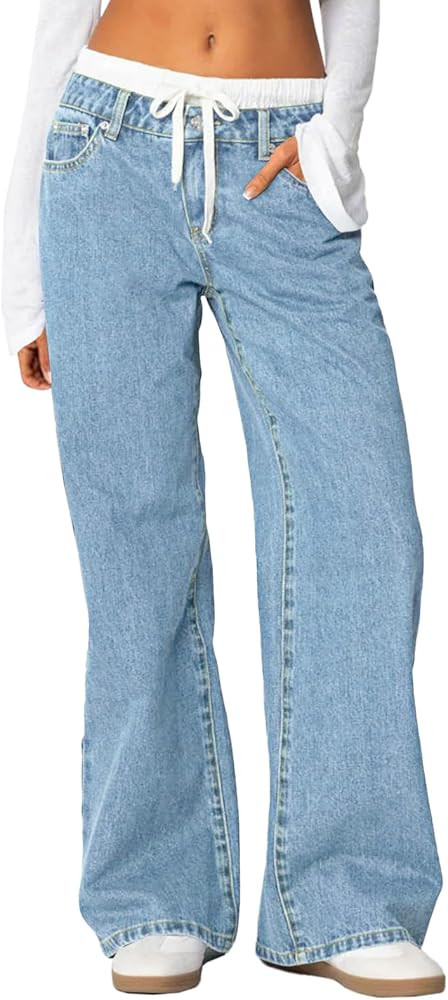 Cicy Bell Womens Wide Leg Jeans High Waisted Drawstring Color Block Patchwork Baggy Loose Y2K Den... | Amazon (US)