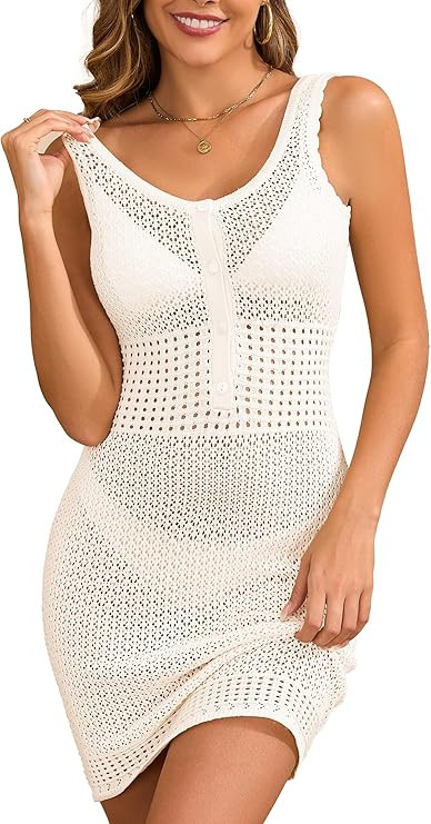 Women's Crochet Swimsuit Coverup Hollow Out Sleeveless Dress for Women 2025 Knit Button Tank Dres... | Amazon (US)