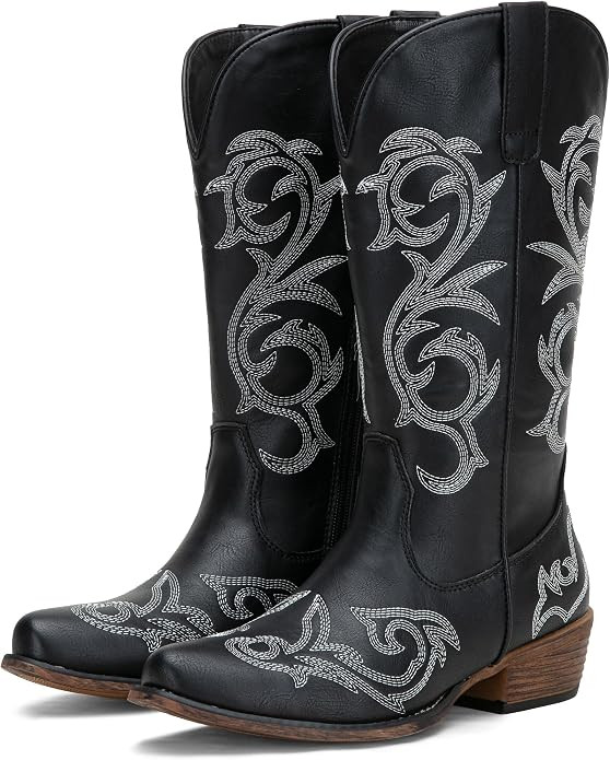 Women's Wide Calf Cowboy Boots, Embroidered Mid Calf Style | Amazon (US)
