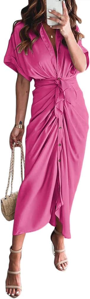 Linsery Womens Button Down Ruched Shirt Dresses Elegant Wrap Maxi Dress with Belt | Amazon (US)