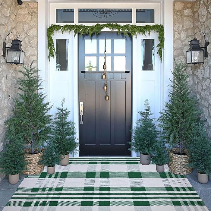 Christmas Door Mat Outdoor 3' x 5' Green and White Plaid Rug Christmas Decor Rug Cotton Hand-Wove... | Amazon (US)