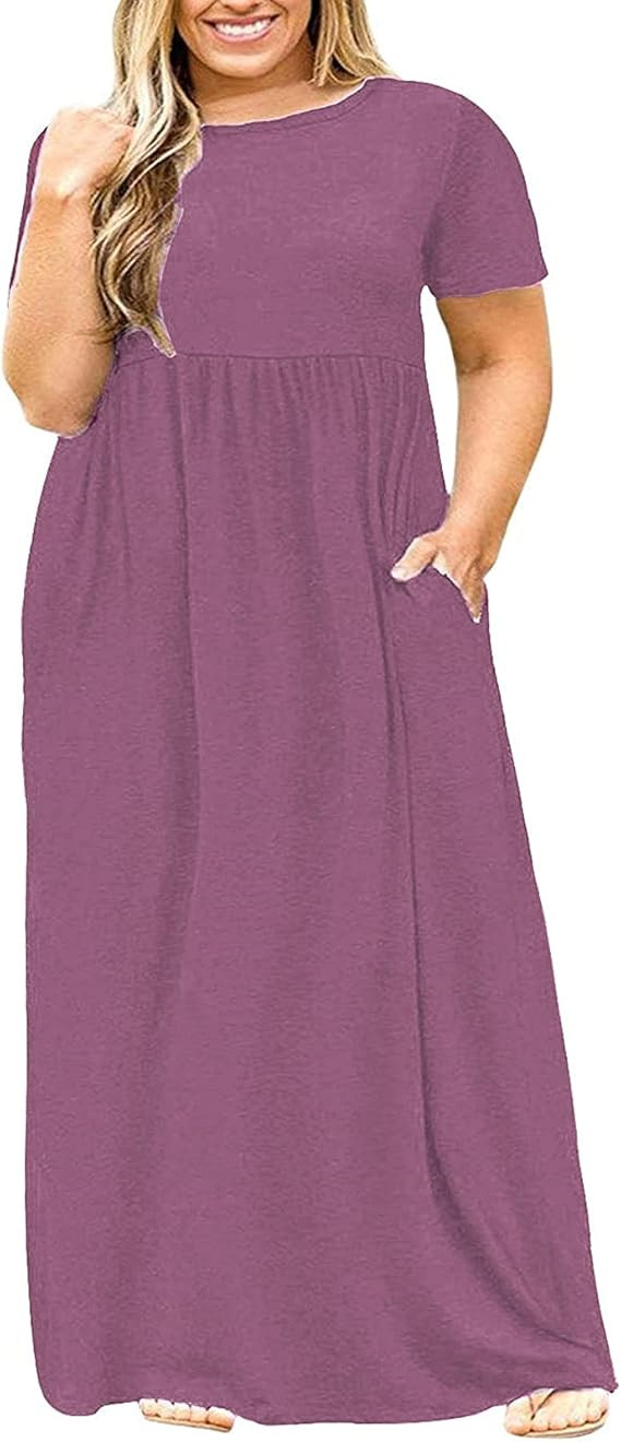 Kancystore Women's Short Sleeve Plus Size Maxi Dress with Pockets Loose Casual Summer Dresses XL-... | Amazon (US)