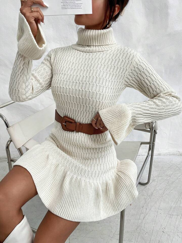 SHEIN Clasi Turtleneck Flare Sleeve Ruffle Hem Sweater Dress Without Belt | SHEIN