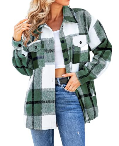 SHEJIZE Women's Casual Shacket Jacket Plaid Shirts Flannel Blouses Button-Down Shirts Green M | Amazon (US)