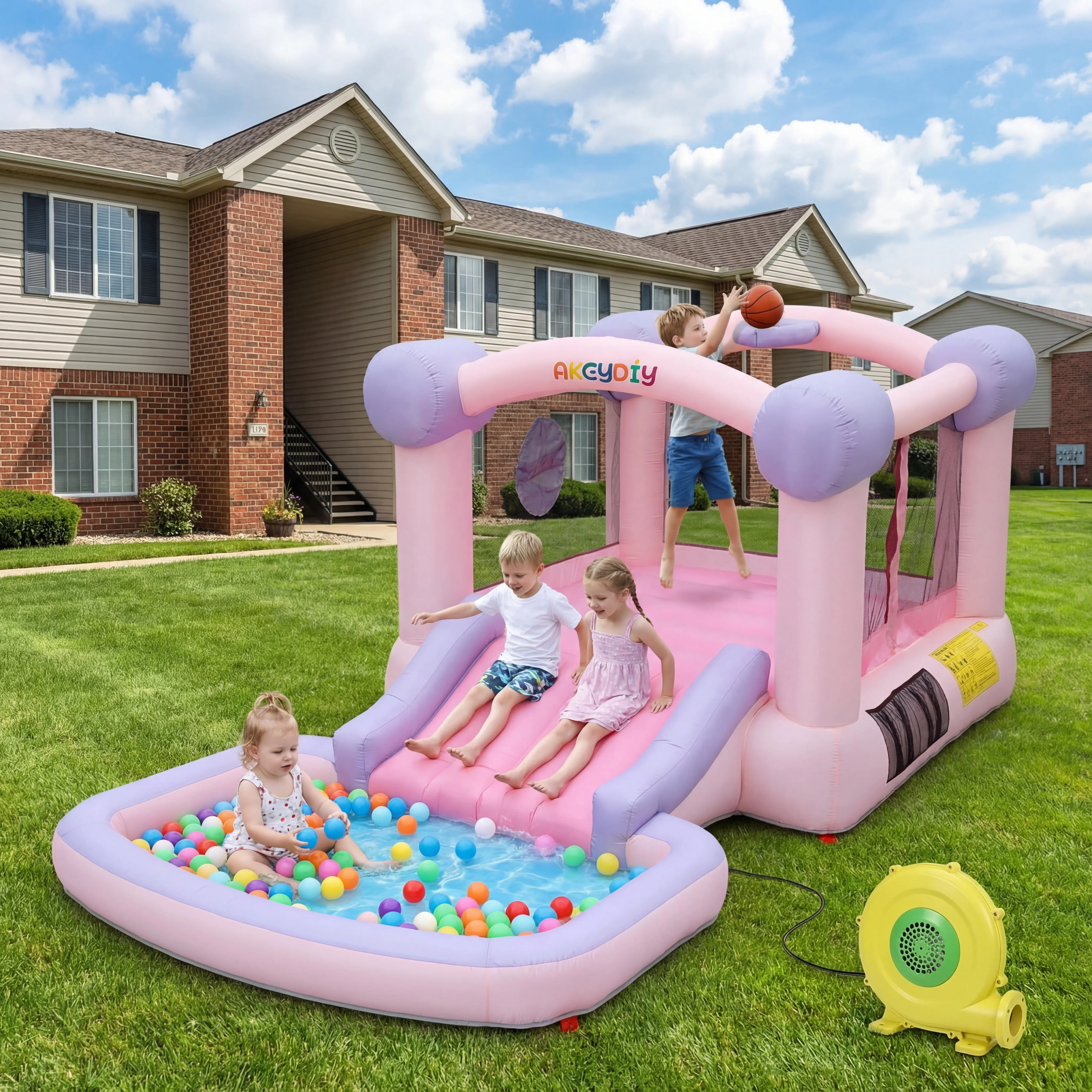 Adnoom Inflatable Bounce House with Ball Pit&Water Slide, Kids Pink Bouncy Castle with 470W Blowe... | Walmart (US)