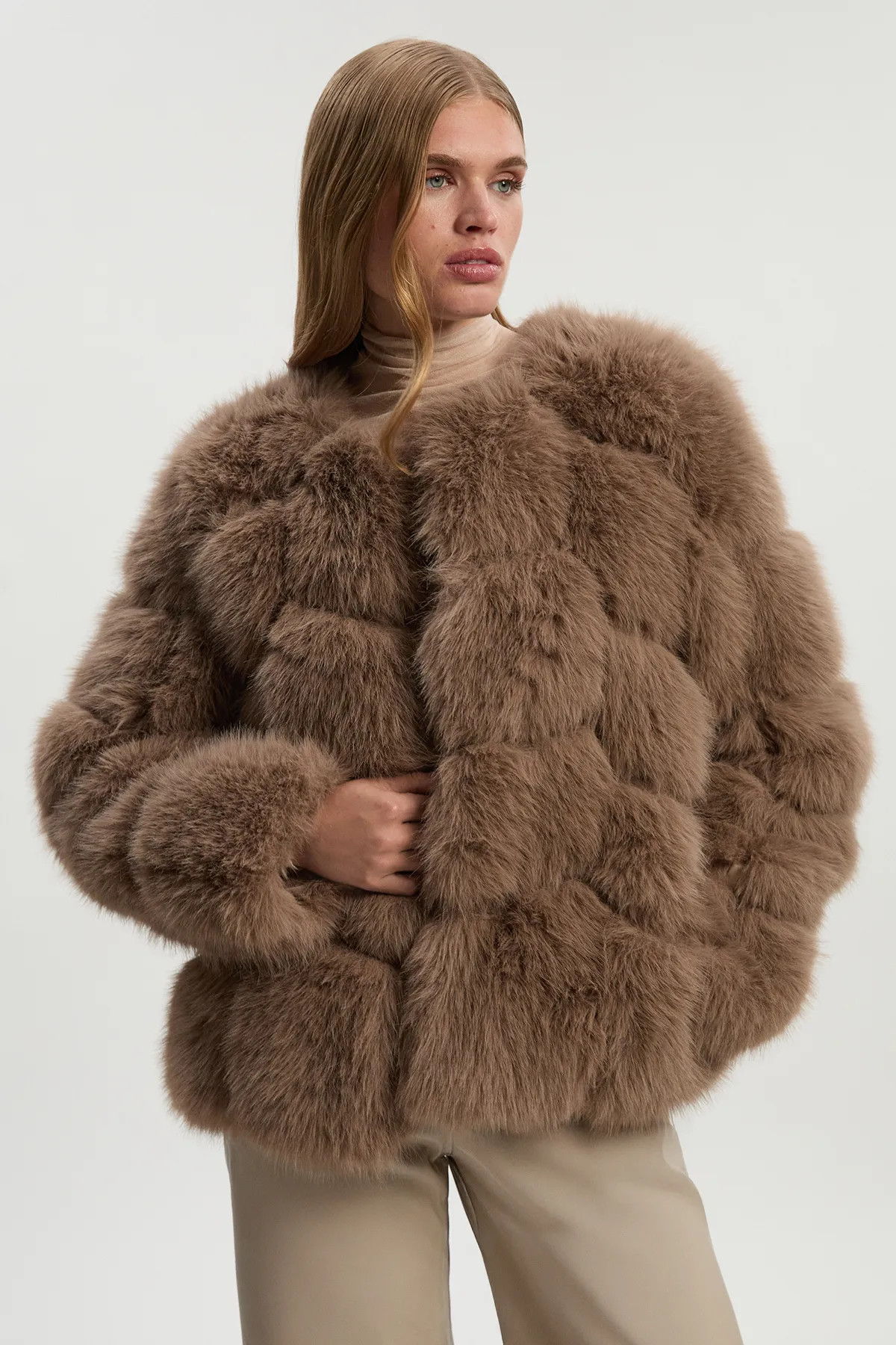 Faux Fur Panelled Long Sleeve Jacket | Karen Millen UK + IE + DE + NL