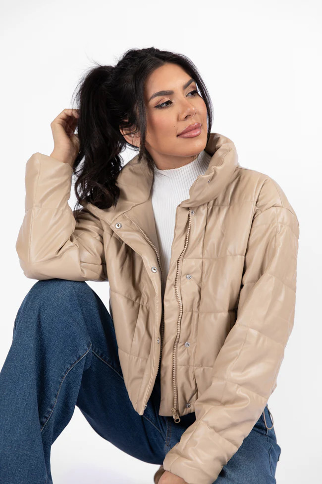 Things Take Time Khaki Faux Leather Puffer Jacket FINAL SALE | Pink Lily