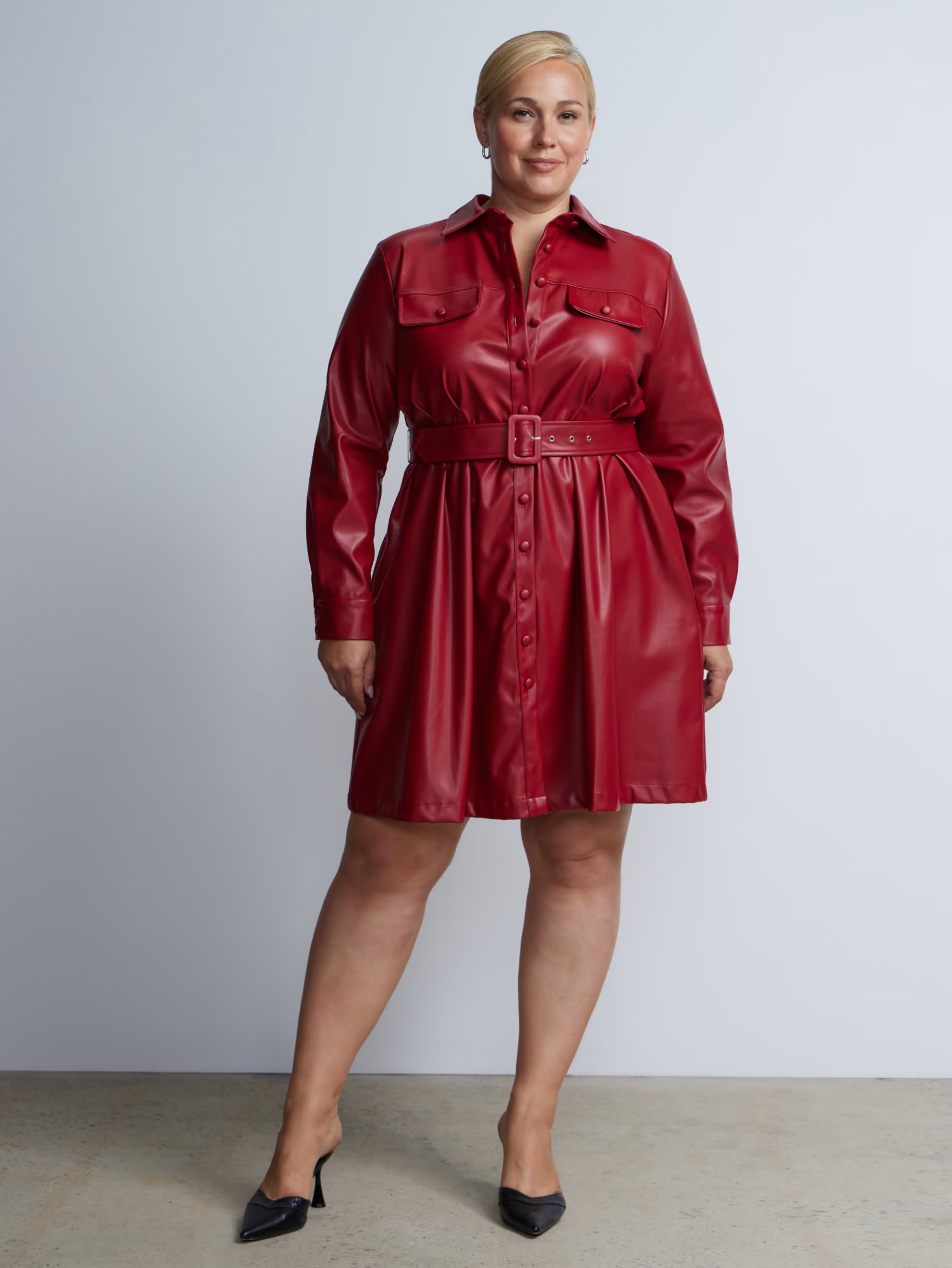 Plus Faux Leather Belted Shirt Dress | New York & Company | New York & Company