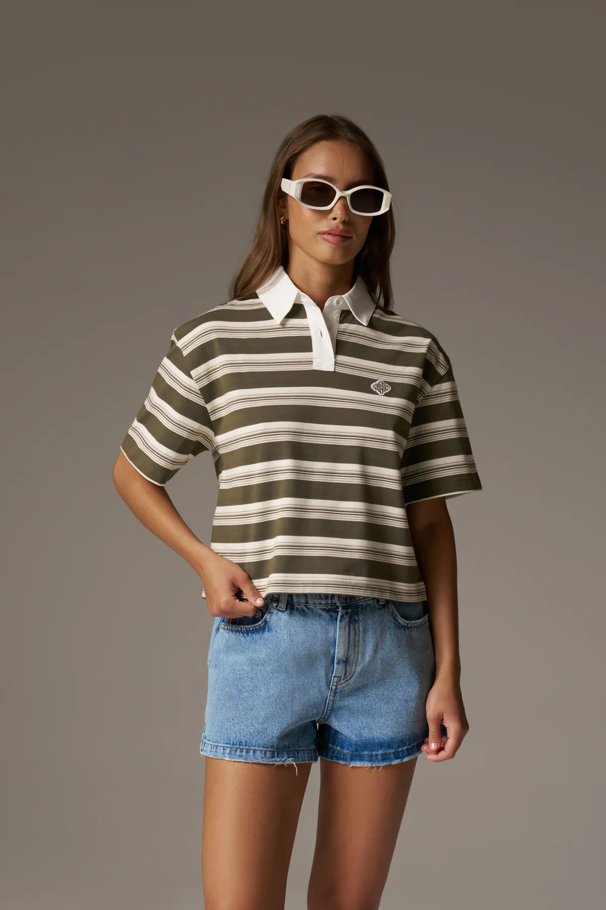 STRIPED POLO TEE - KHAKI | The Couture Club