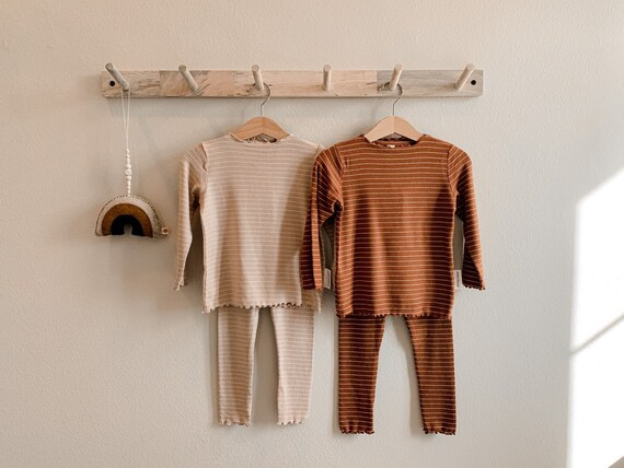 Girl Ruffle trim lounge set | soft ribbed PJ set | Striped PJ set | Girls pajama set | kids cloth... | Etsy (US)