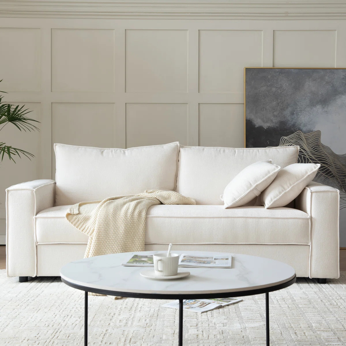 Alcantara 3-Seater 79.5'' Modern Upholstered Sofa with Square Armrests and 2 Throw Pillows | Wayfair North America