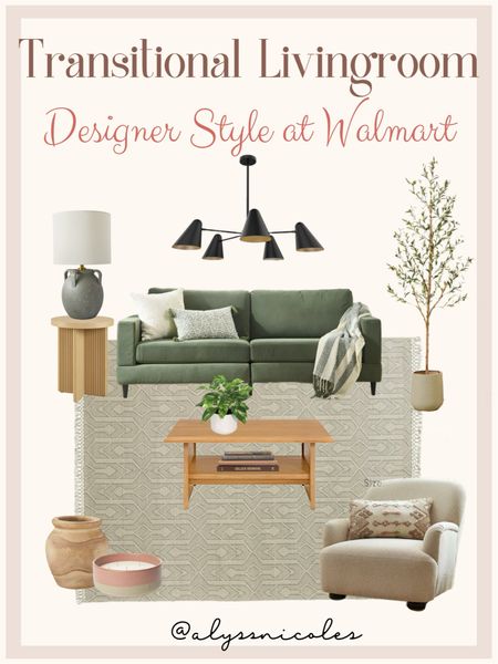 Transitional livingroom design featuring interior designer Jenny Marrs for Walmart! 

Green sofa looks like west elm 
Oak coffee table with shelf perfect for layering books and plants
Bun foot boucle fabric armchair under $300! 
FLASH SALE: faux potted olive tree 3ft to 6 ft under $49! 
Fluted oak side table modern round 
Aged lamp vase with lamp shade (looks vintage!) 
Modern 5 light mantis chandelier in matte black lends a modern flair to any interior (looks like amber interiors!) 
6 wick candle (currently out of stock)
Wood vase 
Geometric modern traditional area rug perfect for layering in neutral interiors


#LTKstyletip #LTKhome #LTKsalealert