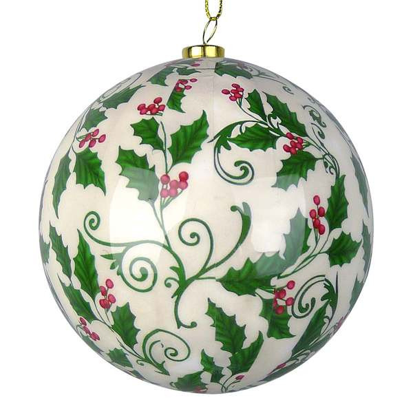 Classic Christmas Holly Printed Ball Ornament, 4" | At Home