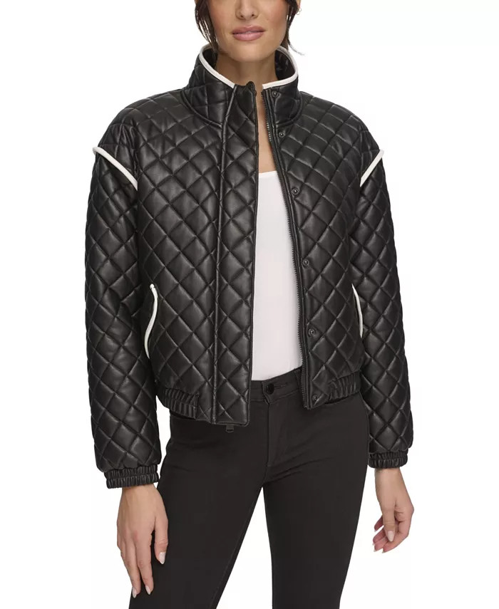 Women's Quilted Faux Leather Bomber Jacket With Contrast Trim | Macy's