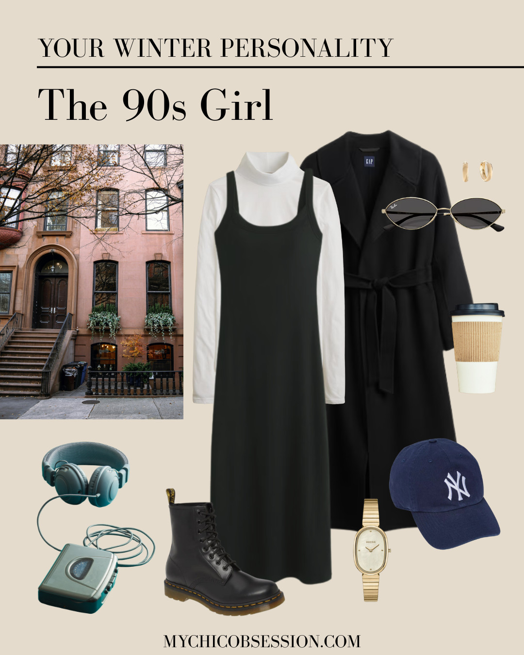 The classic 90s girl is inspired by the chic, minimalist fashion of the last! Channel Rachel Green from FRIENDS in this look with a white turtleneck, black tank dress, a cozy wrap coat, a baseball cap, Dr. Martens and gold accessories. 

 #LTKSeasonal
