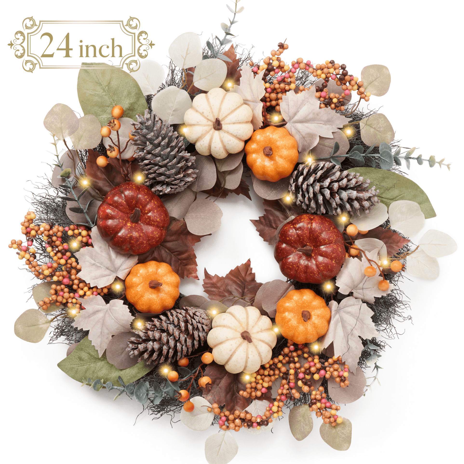 Valery Madelyn 24 inches Pre-Lit Fall Wreath Lighted Thanksgiving Wreath with Red Orange White Pu... | Walmart (US)