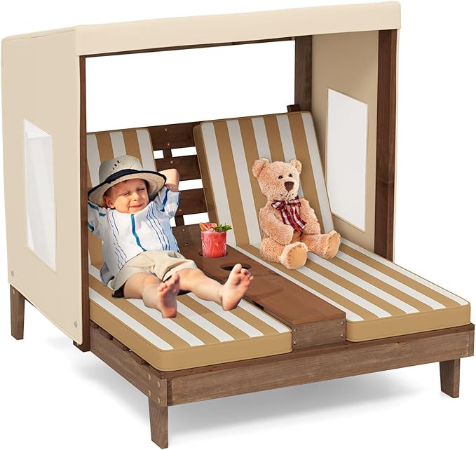 Amazon.com: Costzon Kids Lounge Chair Outdoor, Wood Double Seat Chaise Lounge with Canopy, Cup Ho... | Amazon (US)