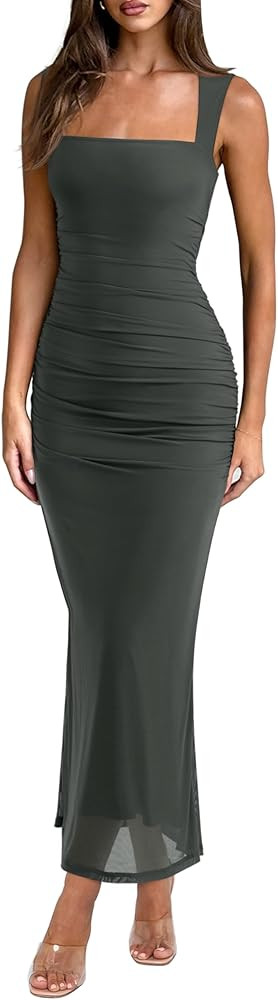 REORIA Vestido largo de verano para invitada de boda para mujer, sin mangas, cuello cuadrado, mal... | Amazon (US)