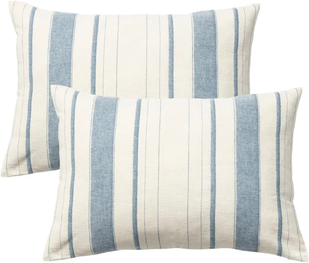 Stitch N String 12x16 Cotton Boho Comfort Textured Stripe Lumbar White and Blue Pillow Cushion Co... | Walmart (US)