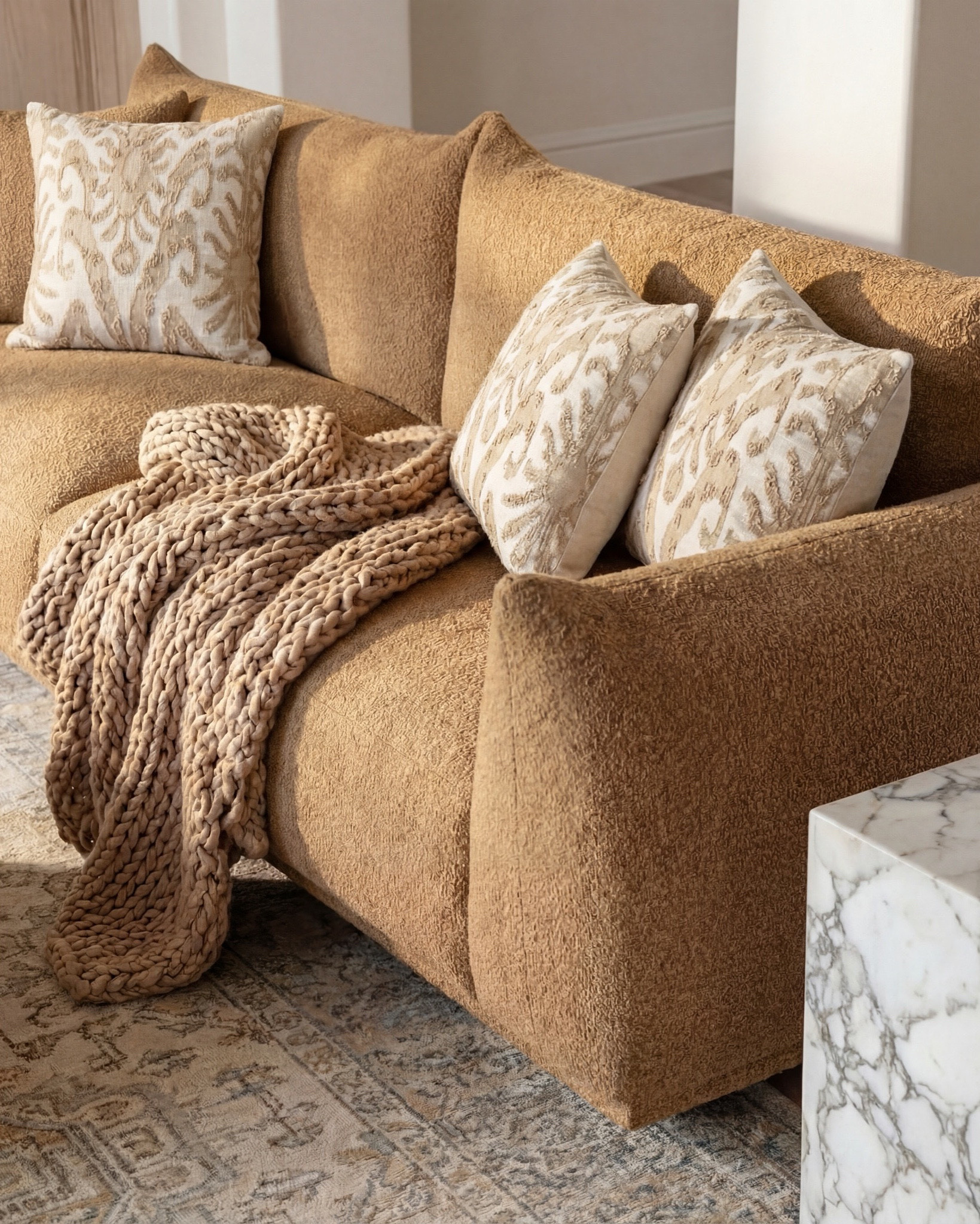 Warm tones meet organic textures in this cozy modern living room. The caramel boucle sofas create a soft, sculptural base for the space, while the fluted wood coffee table adds warmth and dimension. Layered neutrals in the woven poufs, vintage-style rug, and marble side tables keep the look refined yet inviting. Natural oak built-ins frame the marble fireplace, tying in beautifully with the exposed wood beams and soft arched details. Styled with simple ceramic vases, olive branches, and neutral artwork for that effortless organic modern feel.

#LTKhome #LTKsale #LTKstyletip