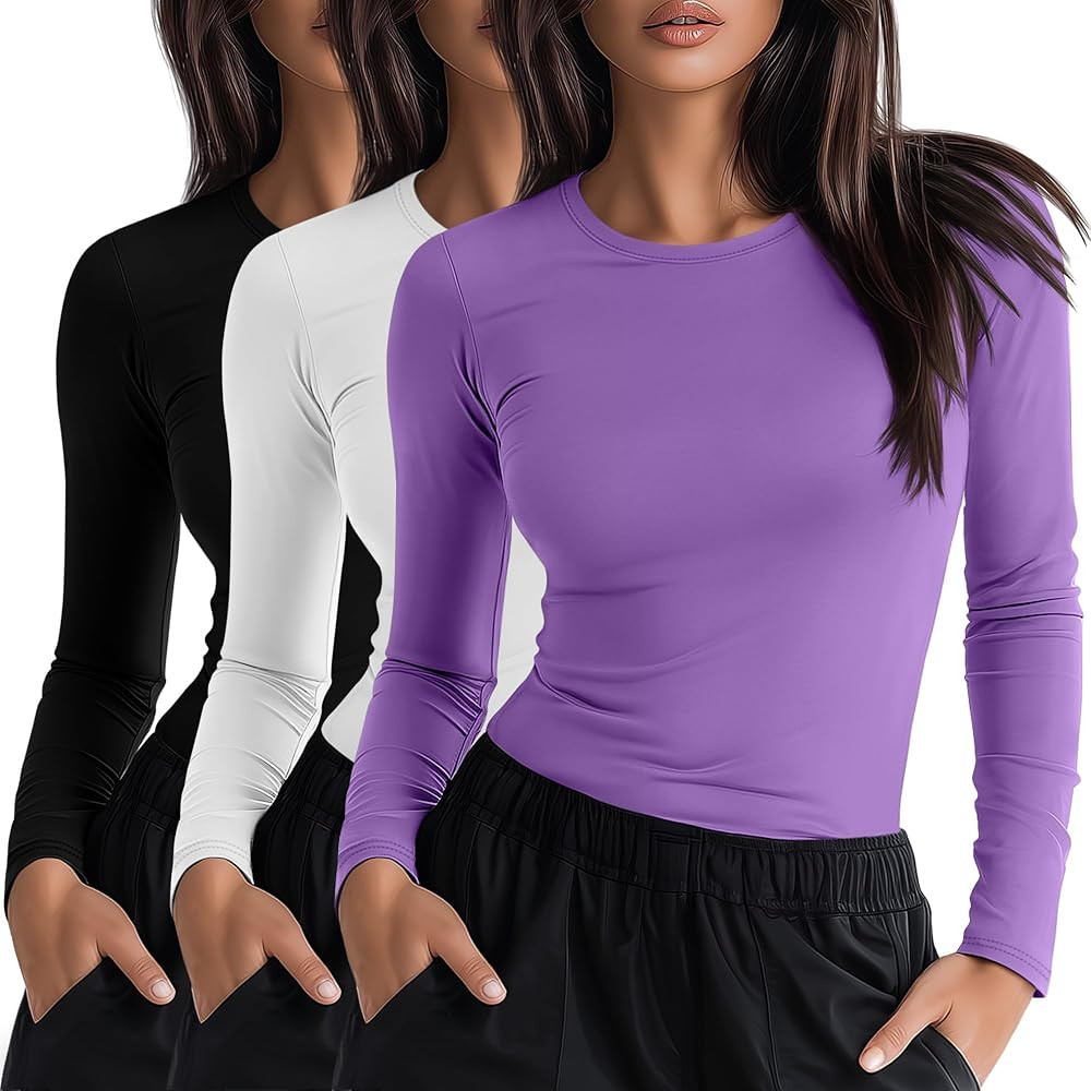 Neer 3 Pack Womens Underscrub Shirts Long Sleeve Crewneck Tops Fitted Layering Clothes Comfort Kn... | Amazon (US)