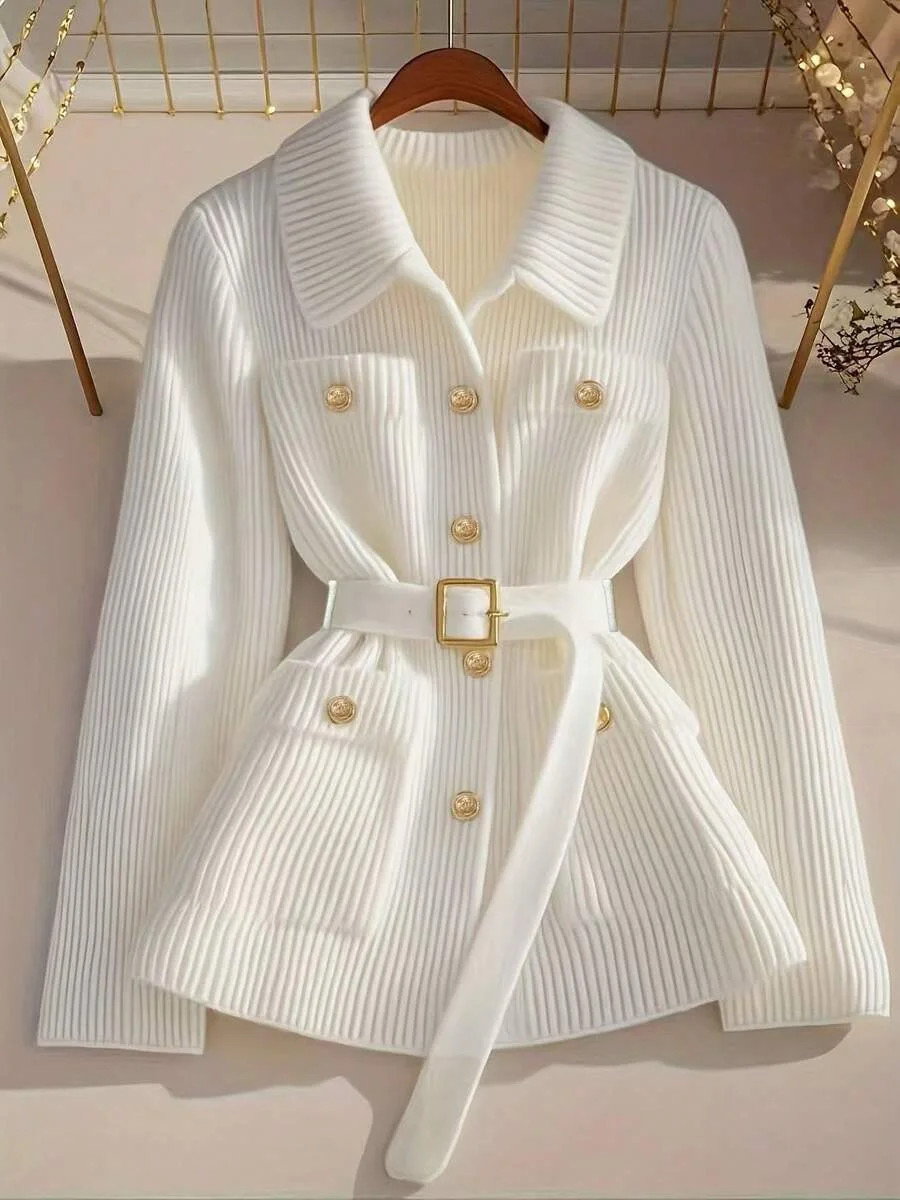 Womens White Elegant Belted Knit Cardigan With Gold-Tone Buttons - Walmart.com | Walmart (US)