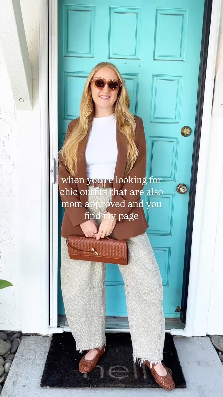 spring outfit idea 🤎 leopard barrel jeans, a perfect basic white tee shirt, blazer and brown accessories for an easy and mom approved yet chic look!

Wearing L in tee, M in blazer, size 8 in jeans at 150 lbs 5'7" for reference. Shoes fit TTS!

spring outfit ideas, spring outfits, spring ootd, elevated casual, mom approved outfits, easy outfit ideas, leopard jeans, leopard barrel jeans, white baby tee, staple tee shirt, spring blazer, woven flats, east west clutch, trending handbags, viral clutch, viral leopard jeans, flower sunglasses, affordable style, amazon style, target new arrivals, target spring, amazon spring 

 #LTKFindsUnder50 #LTKFindsUnder100 #LTKStyleTip