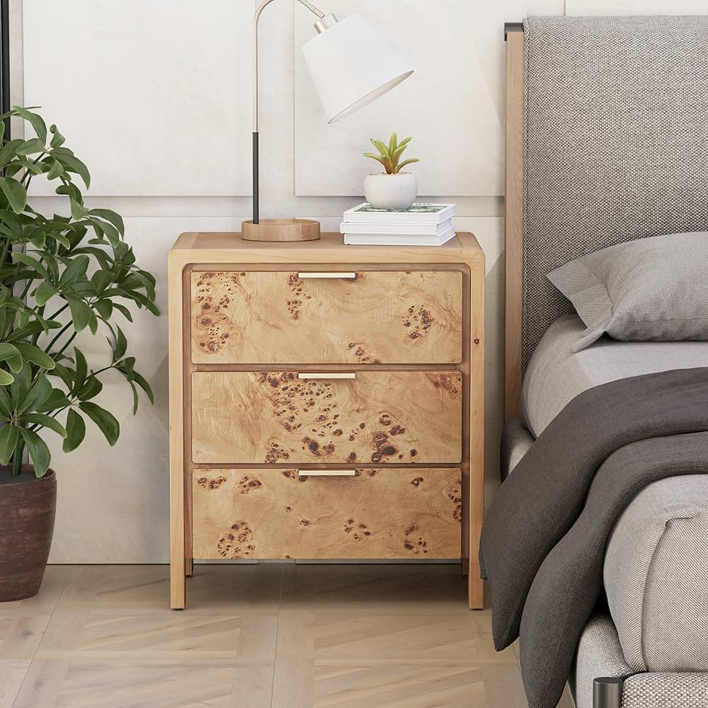 Burl Finish 3 Drawer Nightstand, Wood Rustic Farmhouse Dresser, Vintage Accent Storage Bedside Ta... | Amazon (US)