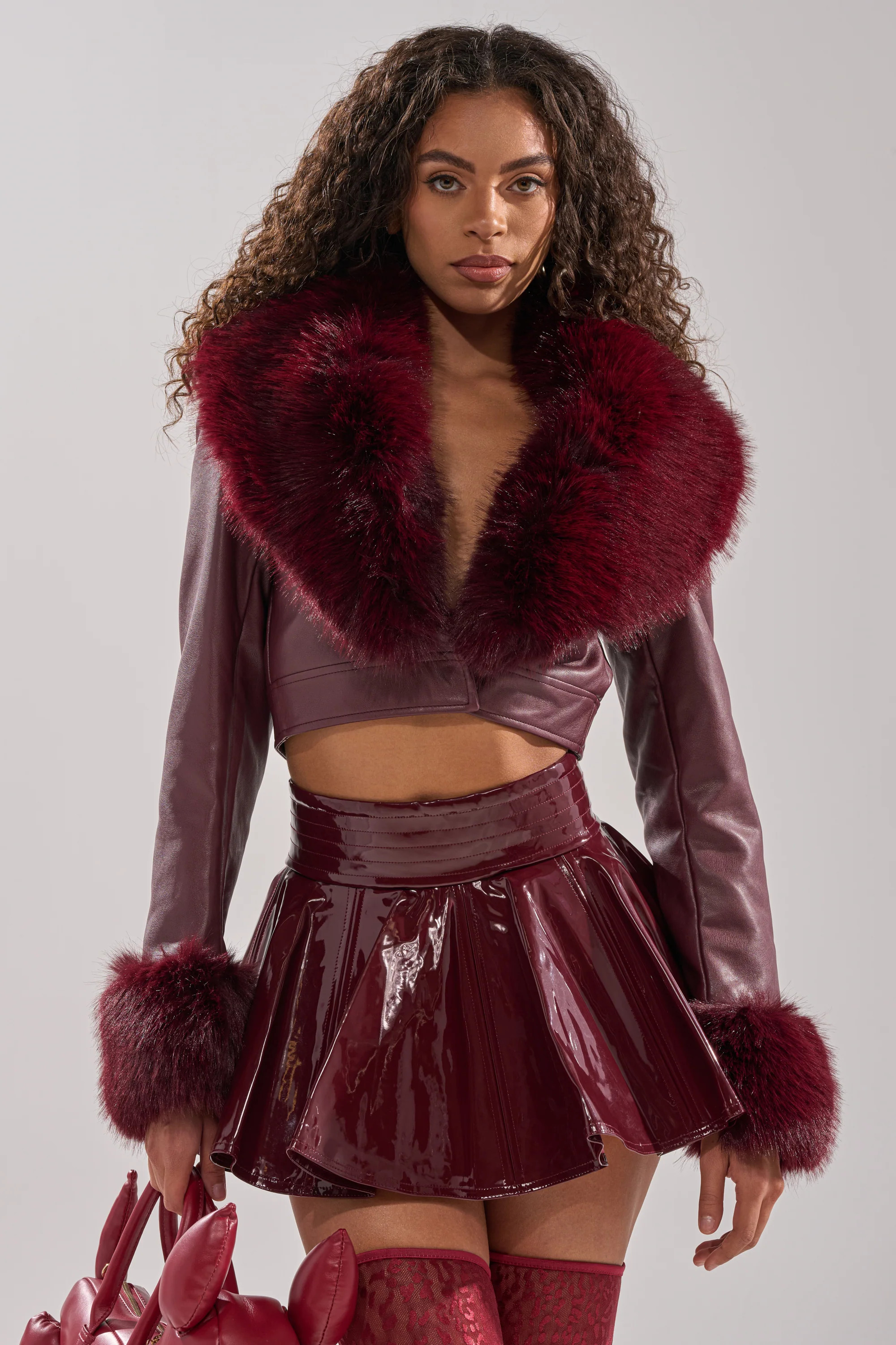 AKIRA Gisele Fur Trim Moto Jacket | Burgundy | Size 1X | AKIRA