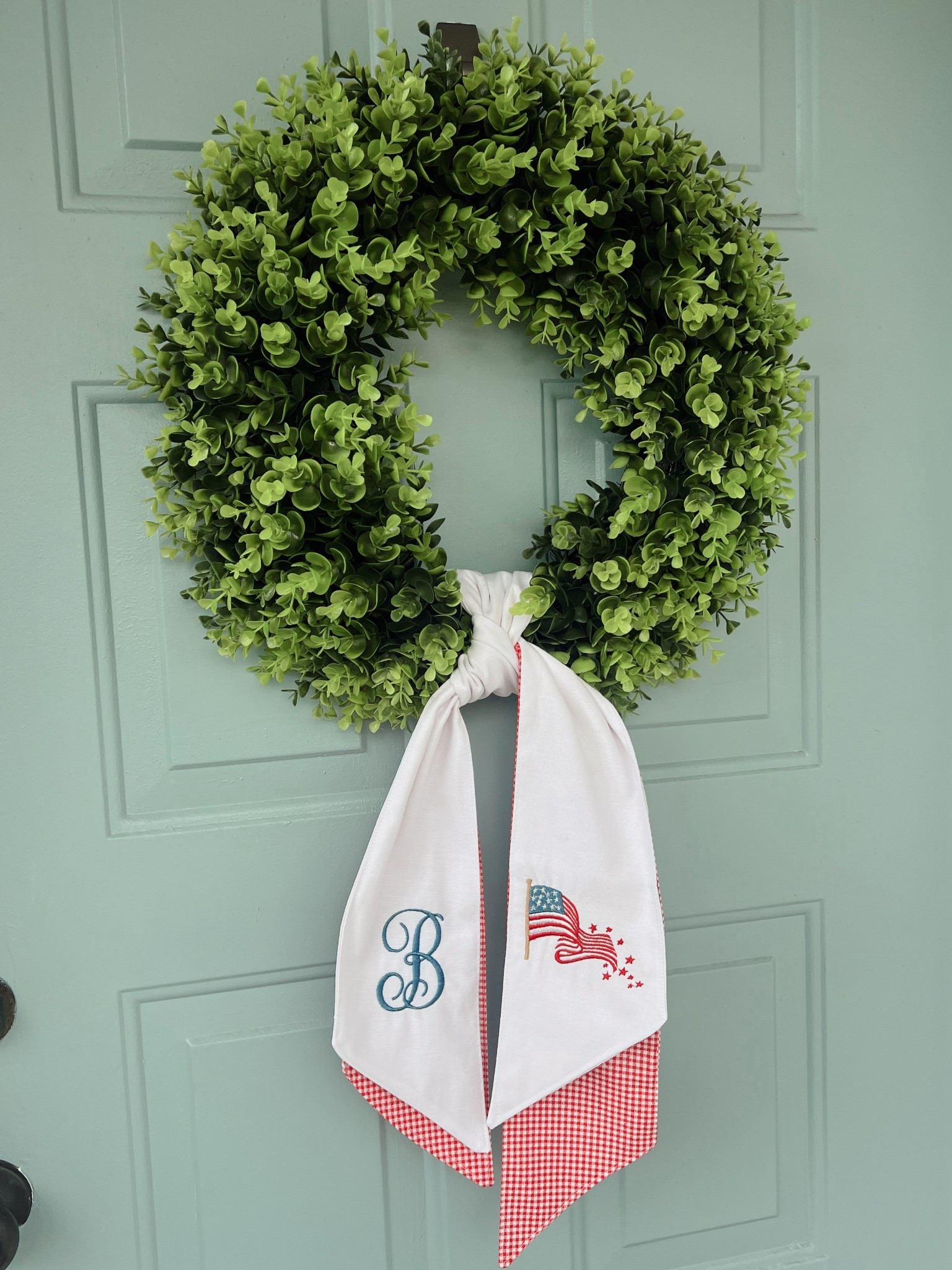 Front door wreath, wreath sash , monogram door hanger , 4th of July aesthetic, coastal home decor , Serena and Lily 

#LTKSeasonal #LTKHome #LTKSummerEdit