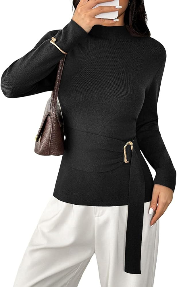 Pink Queen Sweater for Women Mock Neck Long Sleeve Waist Tie Knit Tops | Amazon (US)