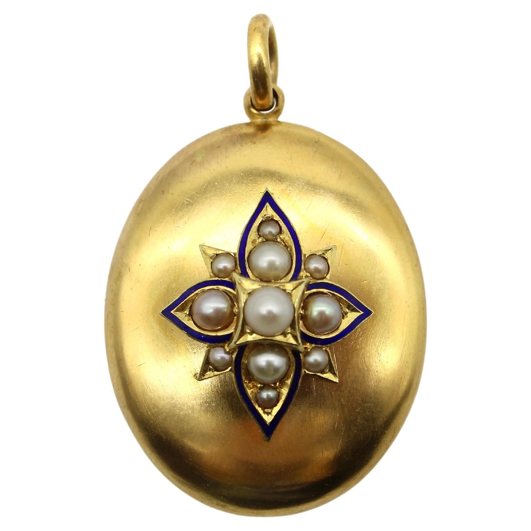 Victorian 14K Gold Locket with Floral Pearl and Enamel Decoration | 1stDibs