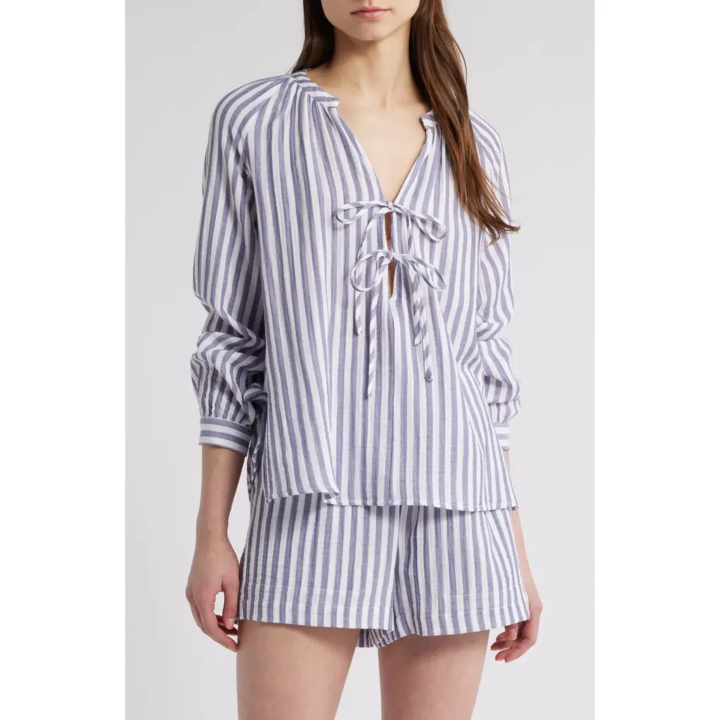 Rails Brielle Stripe Organic Cotton Gauze Tie Neck Top in Admiral Stripe at Nordstrom, Size Xx-Large | Nordstrom